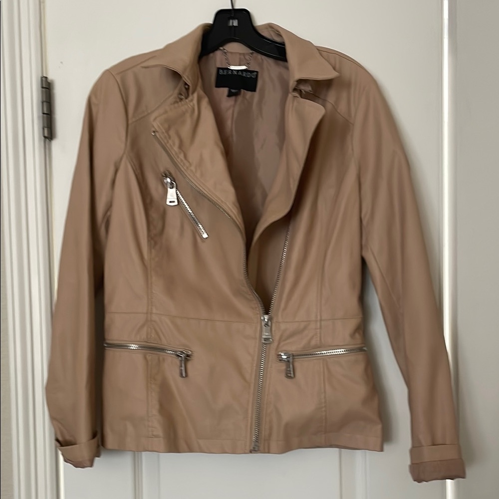 Bernardo Pink and Tan Leather Jacket with Asymmetrical Closure